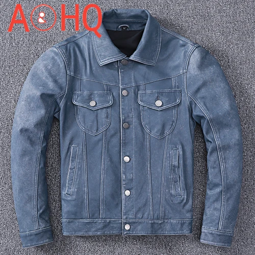 

Genuine Sheepskin Leather Jacket Men Autumn Jackets Mens Retro Blue Denim Style Coat Male Short Clothes Veste LXR1050