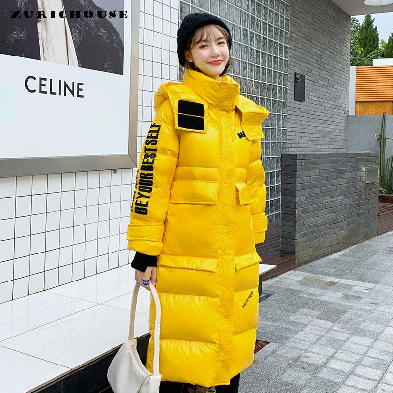 

ZURICHOUSE Winter Jacket Women Long Hooded Down Parka 2021 Fashion Glossy Waterproof Letter Embroidery Women's Down Jacket