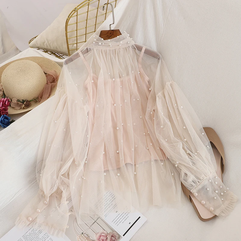 2020 Новая модная Осенняя Женская милая блуза с рукавами-пузырьками и жемчужинами