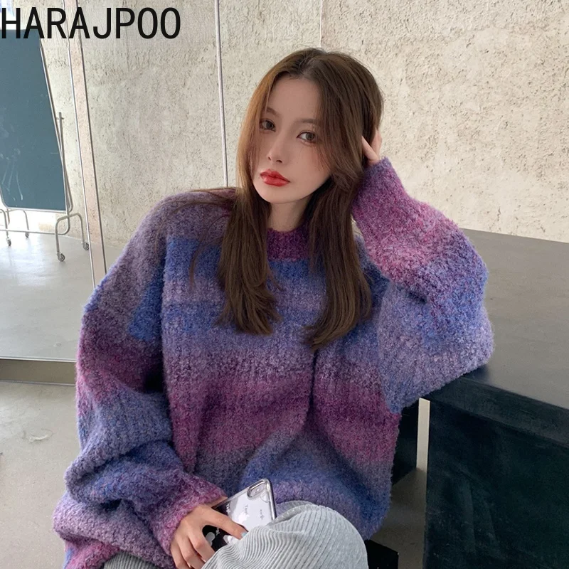 

Women Sweaters Harajpoo Gradient Color Harajuku Ins Fashion Loose Outwear 2021 Fall Winter New O Neck Long Sleeve Knit Clothing