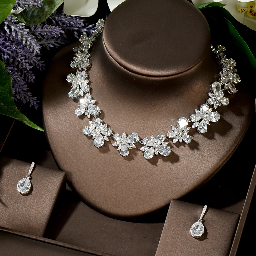 

HIBRIDE Elegant Flower Bridal Dubai Jewelry Sets CZ Pave By Hand Necklace Earring Set Beauty Jewelry Party Gifts Bijoux N-1469