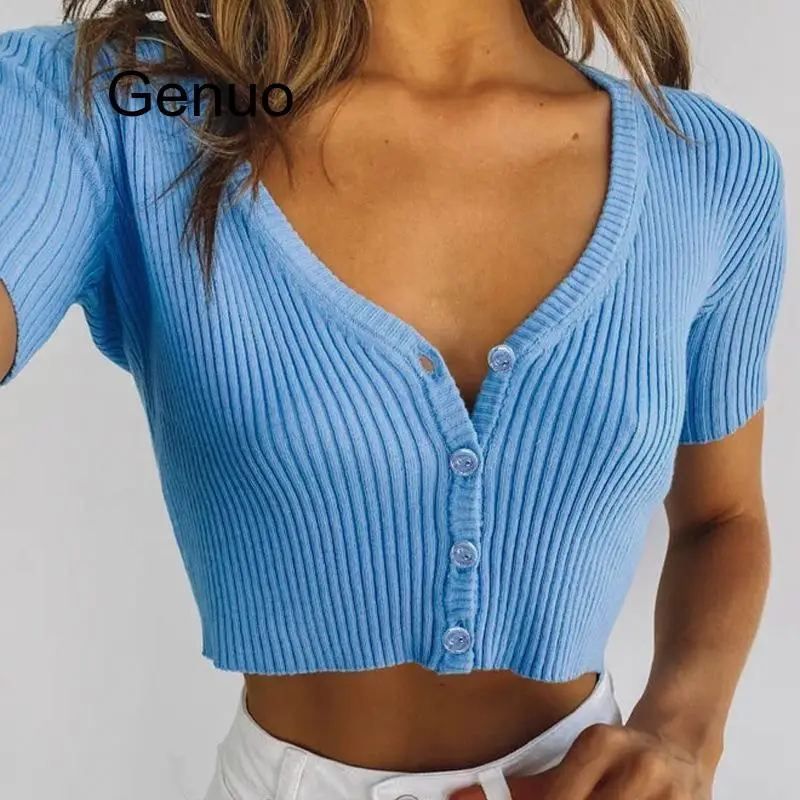 

Female Cardigan Women Knitted Button Cardigans Crop Tops Fashion Summer Short Sleeve Casual Basic Women Clothing