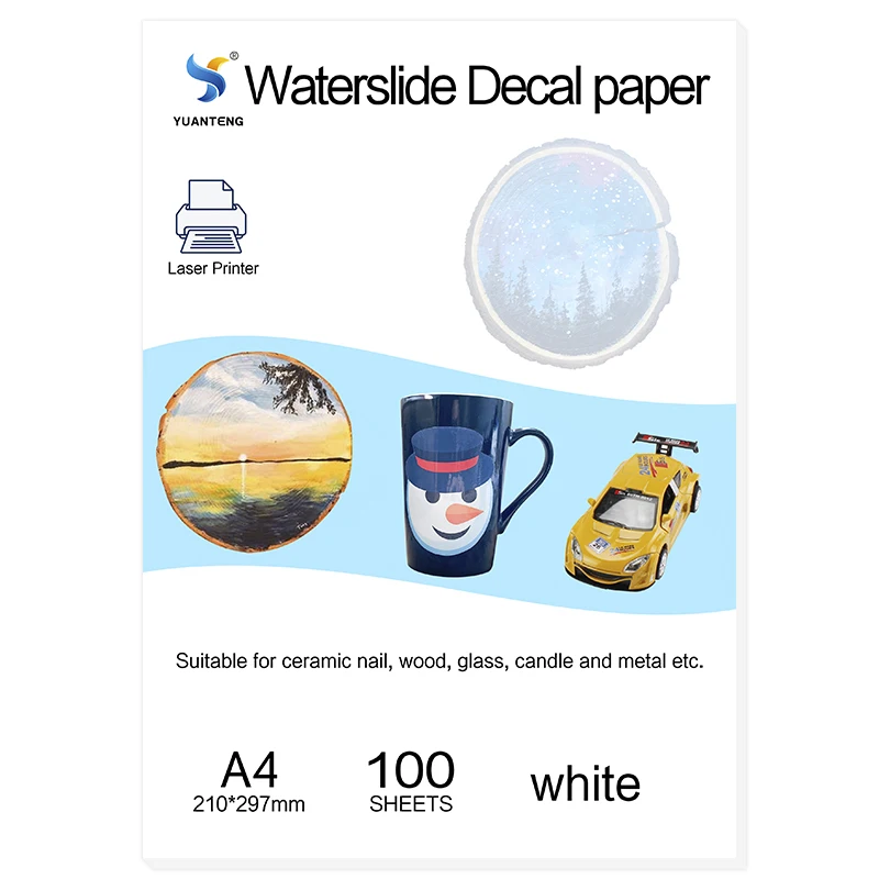 (100pcs/bag) Laser Water Slide Decal Paper No Need Varnish Water Transfer Paper White Background Color A4 Size (8.3*11.7 inch)