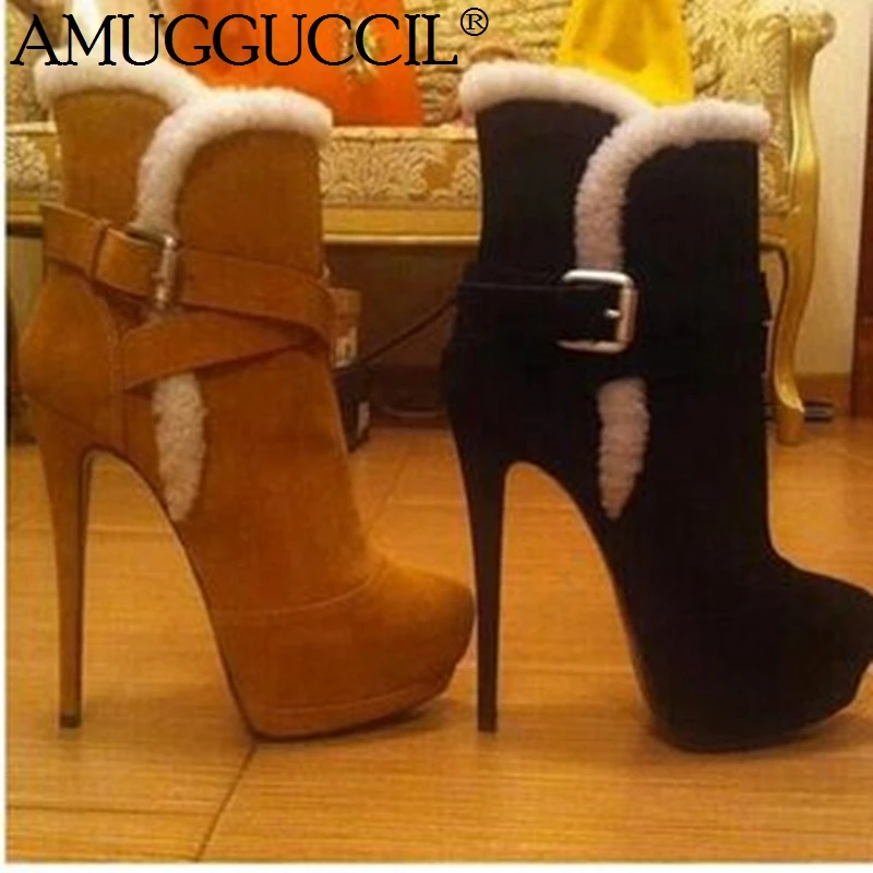 

2021 New Plus Big Size 35-52 Black Brown Buckle Fur Fashion Sexy High Heel Girl Female Ladies Winter Warm Women Snow Boots X1849