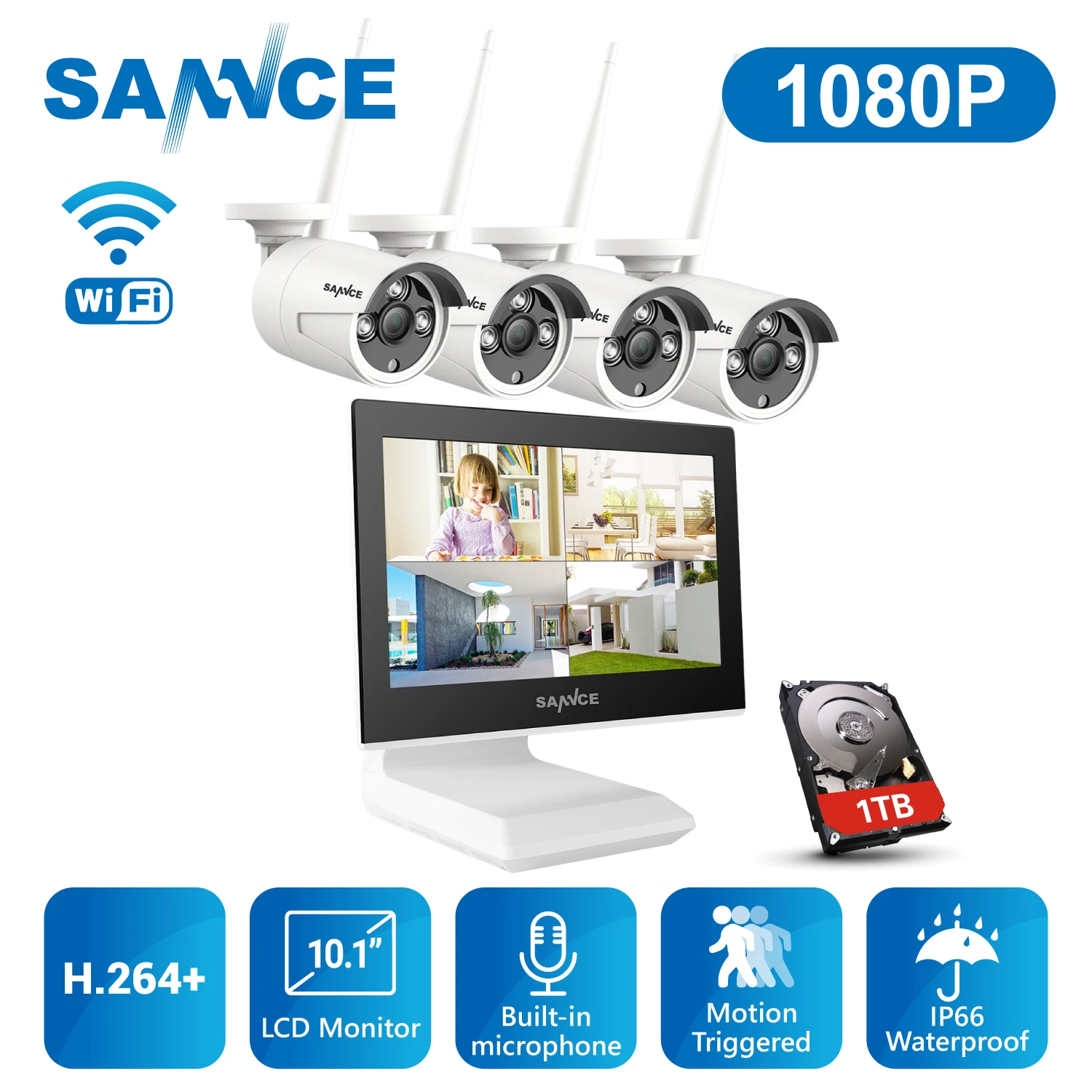 Беспроводная система видеонаблюдения SANNCE 4 канала 1080P 10 1 дюйма ЖК экран