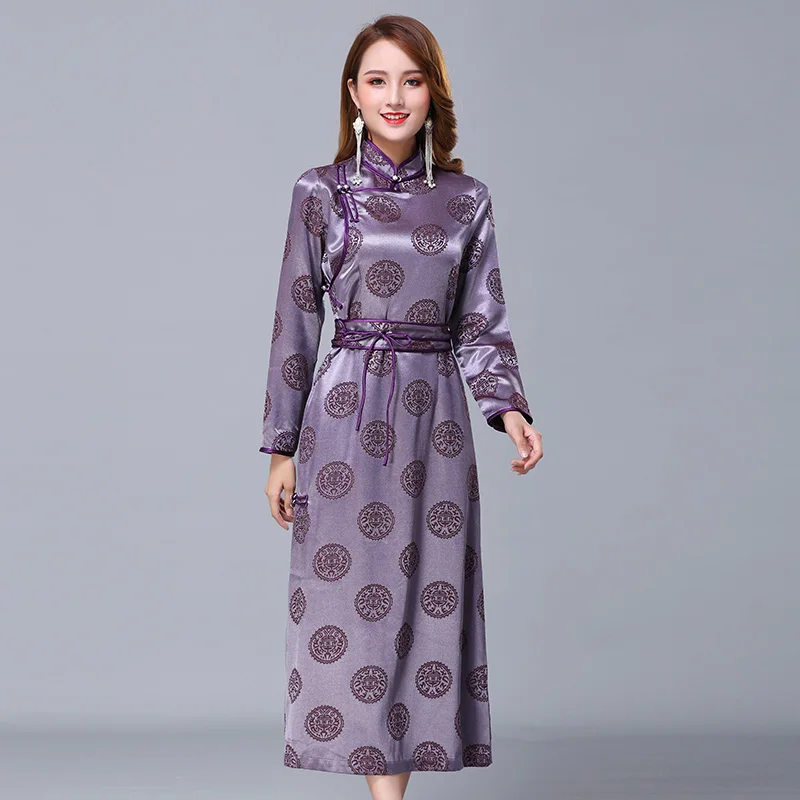 

New ethnic cheongsam silk mongilian stand collar gown elegant Women vintage Traditional oriental clothing Asia long Dress