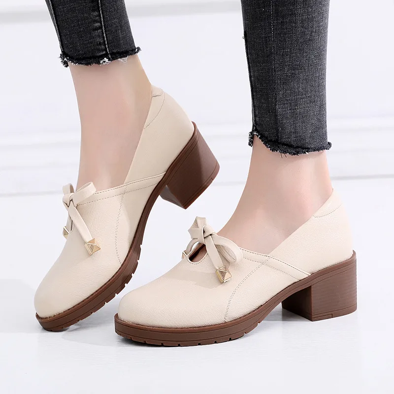 

Medium Square Heel Bow Shallow Pumps Women Shoes 2021 Spring Elegant Leather Shoes OL Office Shoes Ladies Oxfords 41 42 43 33