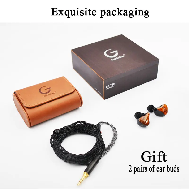 GuideRay GR-T20 Dynami 2 Balanced Armature Ugin Wood panel DD+2BA Hybrid Bass Hifi Music Monitor Studio Earphone Earbuds 0.78mm |