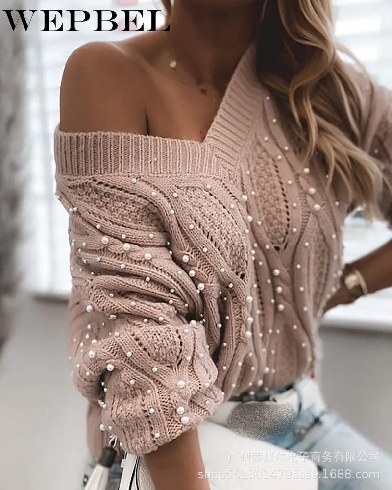 

Mandylandy Women Casual Autumn Winter Knitted Pullover Sweater Tops Lady Long Sleeve V Neck Loose Sweater Knitwear with Beading