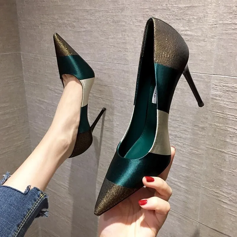 

High Heels Sexy Colorblock Striped High Heels Pointed Toe Stiletto High Heels Ladies Boat Shoes Wedding Shoes Mary Jane Shoes