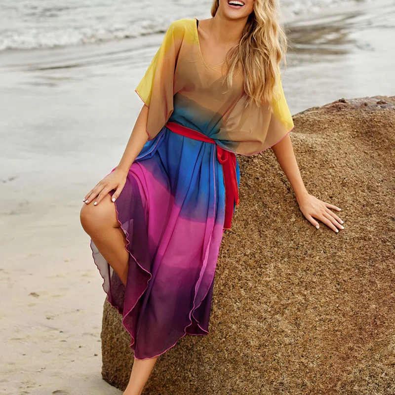 

Fors Rainbow color change swimsuit cape women See through swimwear covers women Long dress beach wear Sexy beach bikini cover up