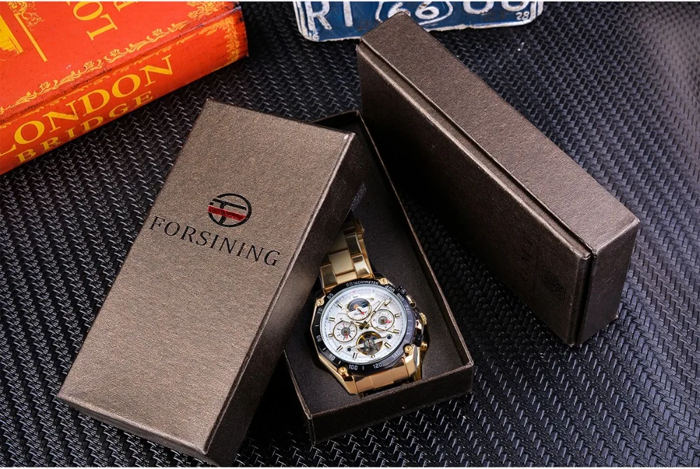 Forsining Классические Золотые Tourbillon механические часы Мужские автоматические Moonphase календари ремни из нержавеющей стали часы Reloj Hombre