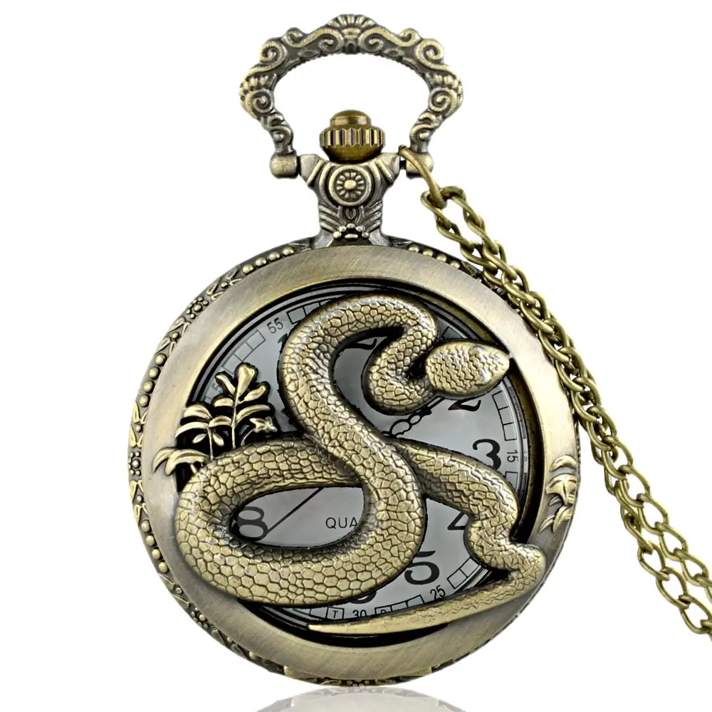 Старинные Бронзовые змея Графический кварцевые карманные часы с цепочкой в