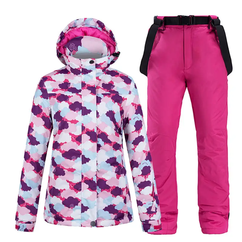 -30 Black Women's Snow Suit Wear Snowboarding Clothing Waterproof Windproof Winter Outdoor Costume Jackets Ski Coat + Strap Pant |