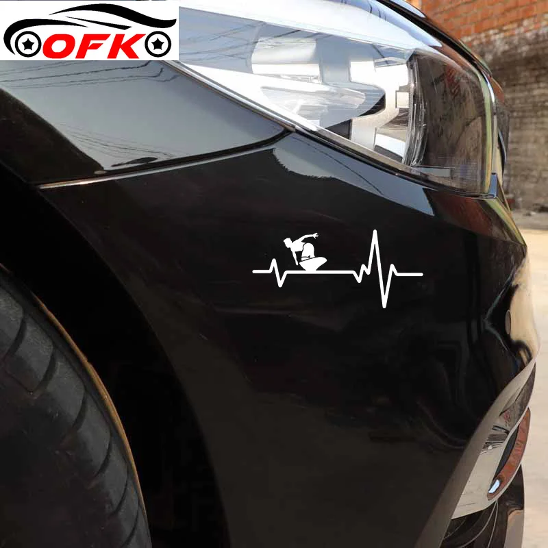 

OFK 15.7CM*7.3CM Surfer Guy Shred Wave Short Board Heartbeat Vinyl Black/Silver Car Sticker