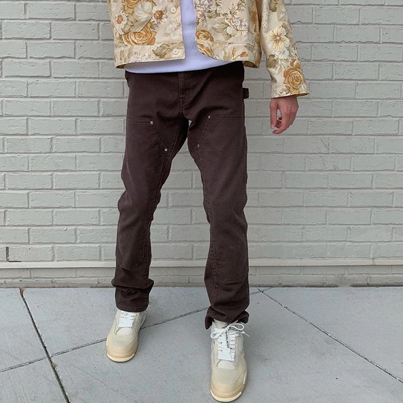 Прямые расклешенные брюки с молнией на щиколотке сзади мужские уличные потертые