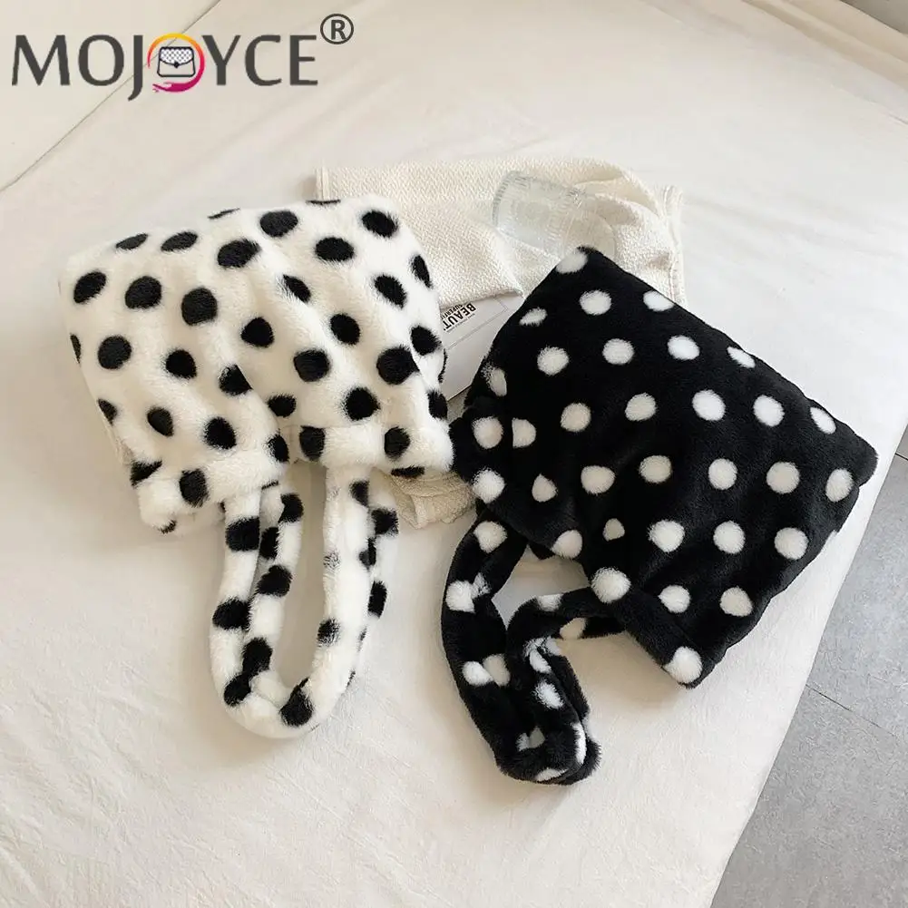 

Модные женские сумки через плечо с принтом в горошек, повседневные универсальные Мягкие плюшевые однотонные большие вместительные сумки-т...