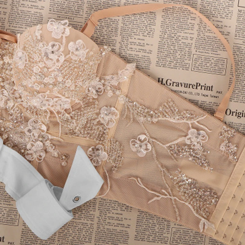 New Sexy Lace Embroidery Pearl Camisole Celebrity Fashion Adjustable Strap Body Shaping Belt Sequined Corset Bar Party Club Wear