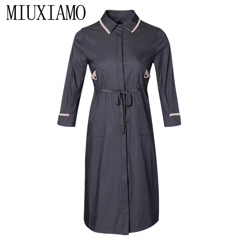 

MIUXIMAO Top Quality 2019 Fall Winter Office Dress Women 3/4 Sleeve Blue Casual Silm Dress Women Vestidos with Ribbon