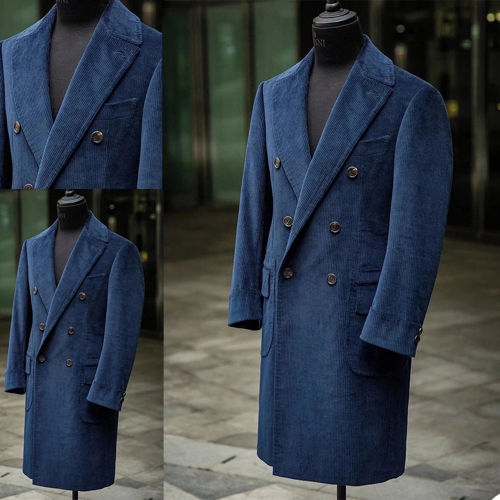 

Синяя Вельветовая длинная куртка с пиковыми лацканами, Официальный смокинговый костюм, свободный винтажный Ретро-костюм для ужина, выпускн...