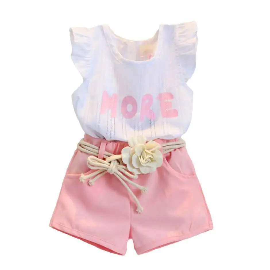 

Лето 2021, модная одежда для девочек, детский топ с буквами, рубашка без рукавов + шорты с поясом, наряды для маленьких девочек, костюм принцесс...