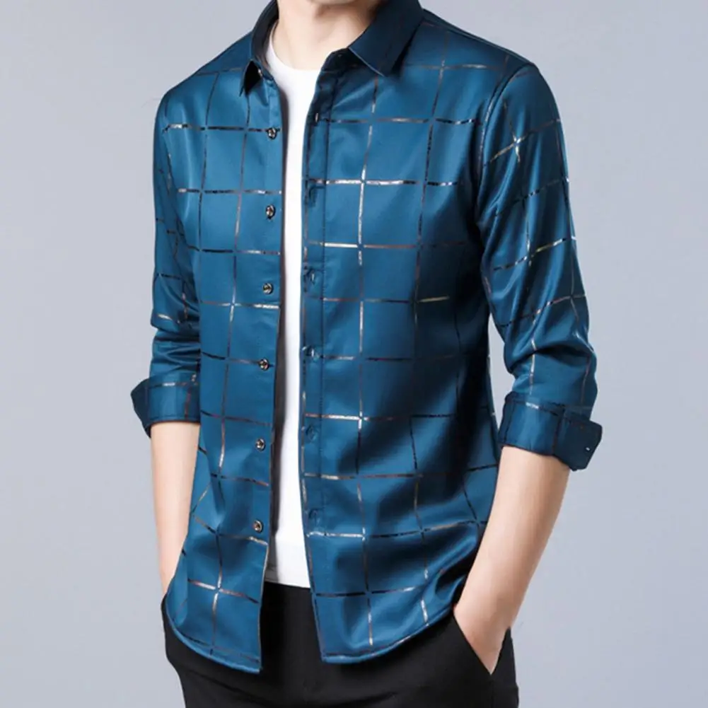 

Men Dressing Long Sleeve Shirt Large Plaid Satin Surface Casual Non-iron Turndown Collar Single-breasted Shirt for Business