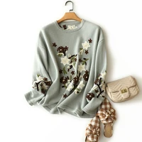 100 cashmere sweater women casual style flower embroidery sweatshirt loose o neck long sleeves new fashion