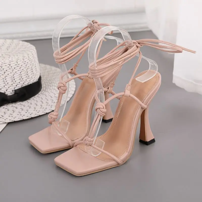 

Gladiator Plus Size 35-42 Square Toe Ankle Strap Women Sandals Sexy Rome Lace Up High Heels Casual Summer Shoes For Women 2021