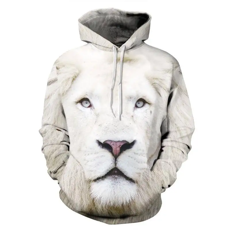 WHITE Mens Hoodies Funny 3D Tiger Lion Print Animals Sweatshirt Casual Loose Pocket Long Sleeve Winter Men Hoodies Unisex Pullovers - Цвет: WHITE