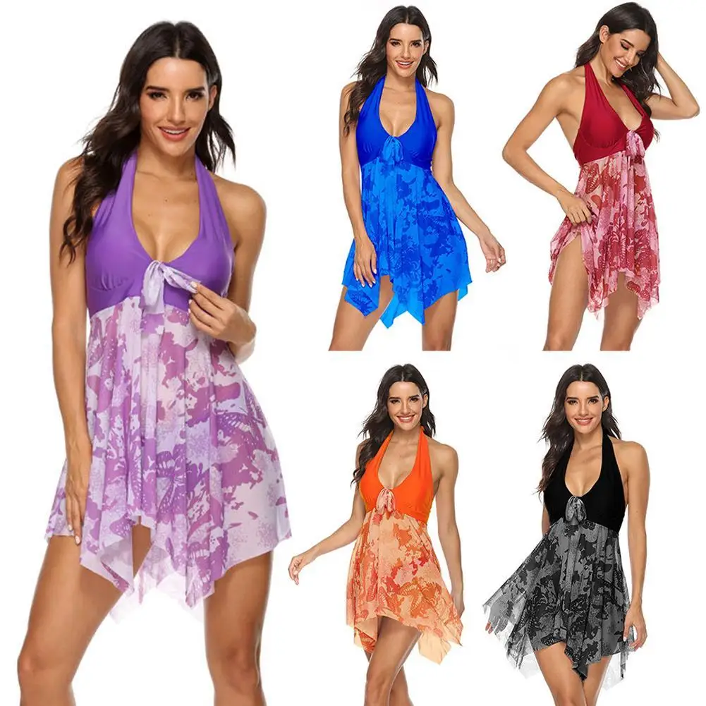 

2Pcs Flower Print Halter Backless Women Swimdress Briefs Plus Size Tankini Set