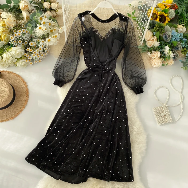 2019 Новая модная женская одежда осеннее бархатное белое платье в горошек женское |