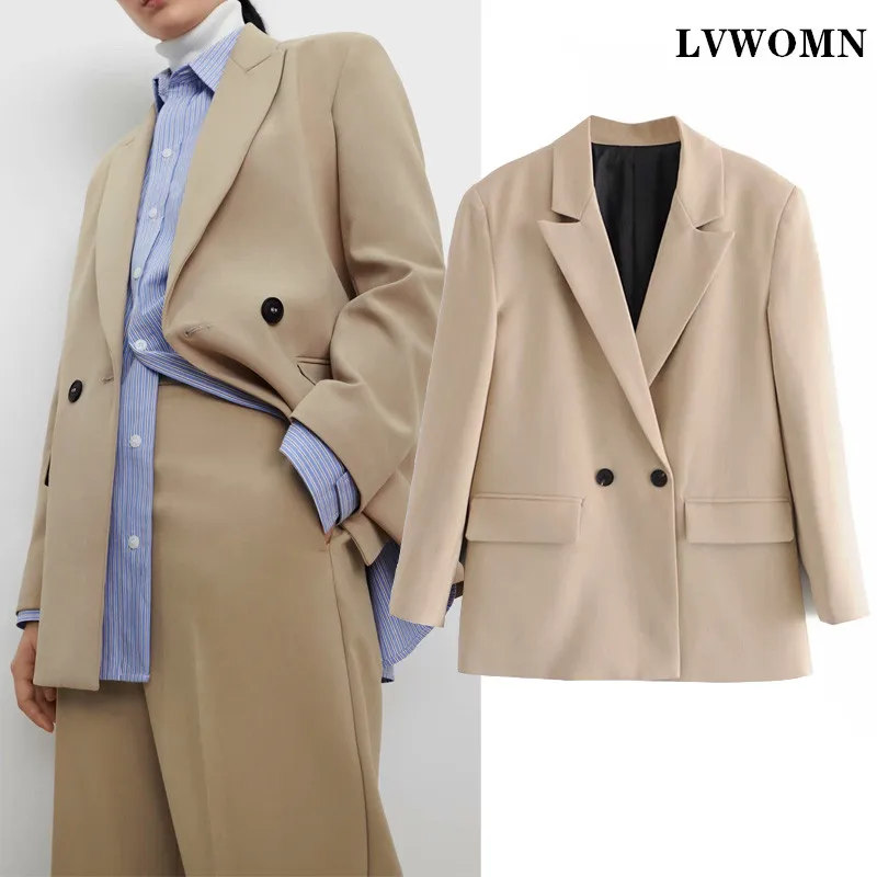 

LVWOMN Za Blazer Women 2021New Fashion Office Double Breasted Loose Coat Vintage Long Sleeve Pockets Female Outerwear Chic Tops