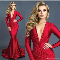 sexy mermaid red ruched deep v neck long sleeves formal prom evening gown vestido robe de soiree mother of the bride dresses