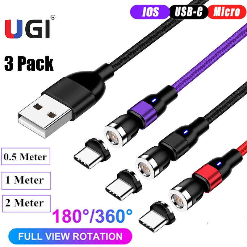 

UGI 3Pack ( 3Cable + 3Plug ) 540° Magnetic Cable Charger For IOS Type C USB C Micro USB Android Cable For Samsung Oneplus Xiaomi