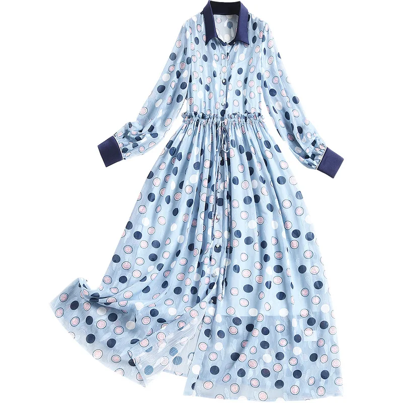 

Women plus size polka dot chiffon long dress new 2021 spring summer a-line drawstring turn down collar long sleeve dresses