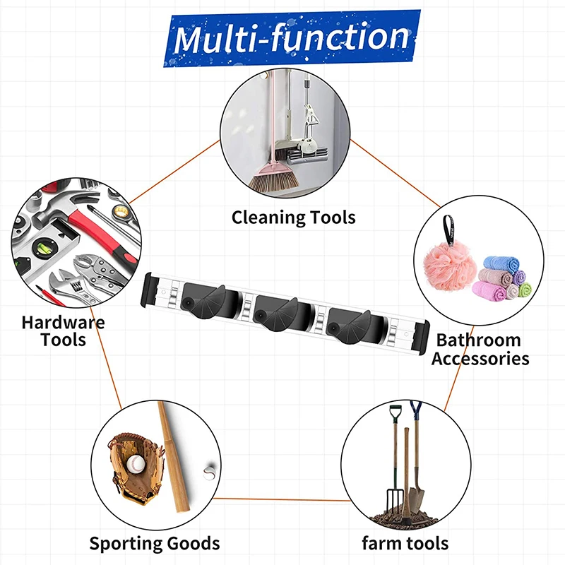 

Broom and Mop Holder with Hooks Wall Mounted Adjustable Garage Organizer Garden Tool Hanger Heavy Duty Metal Racks