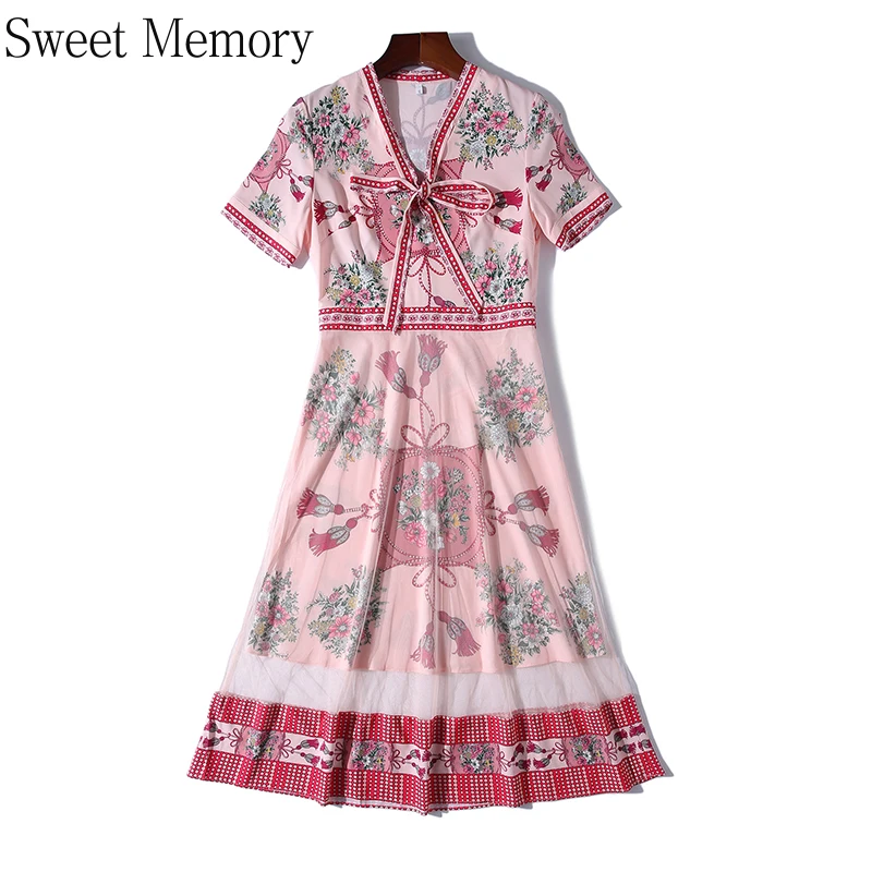 

Sweet Memory Summer Dresses 2021 Women Vestidos Bow Tie Collar Short Sleeve Mesh Patchwork Floral Print Vintage Dess Runway