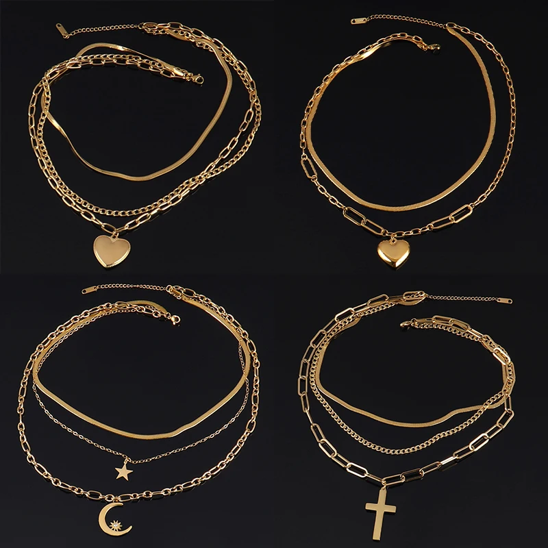 Многослойное ожерелье из нержавеющей стали в стиле панк для женщин с сердцем