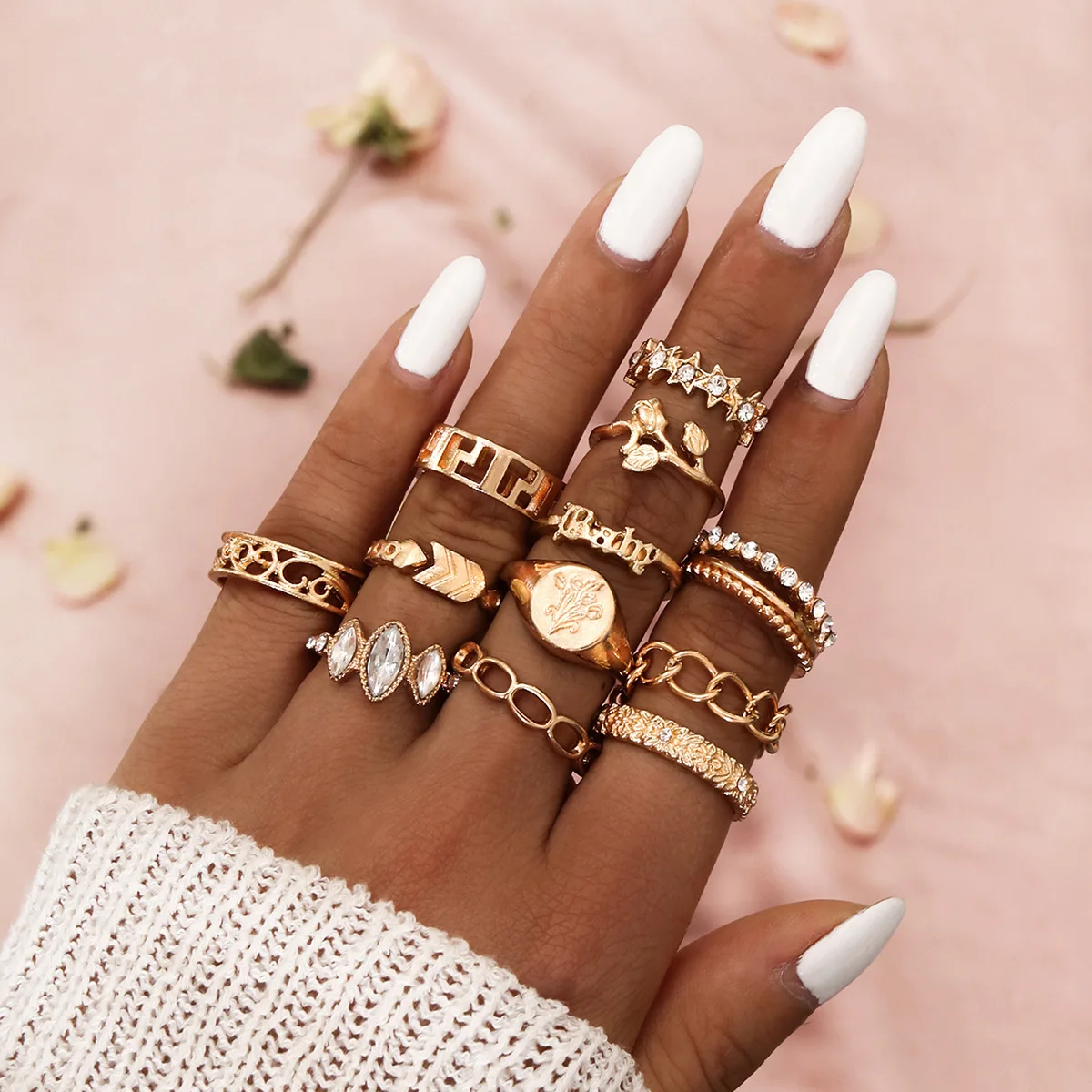 

Boho Rose Flower Finger Ring Set For Women Geometry Charm Chain Knuckle Rings Female Bohemia Jewelry Gift