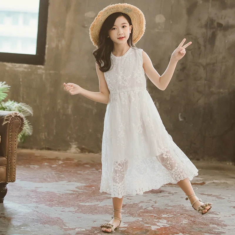 

3-12Y Teens Kids Dresses for Girls Princess White Embroidery Lace Mesh Dress
