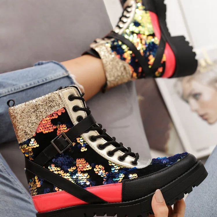 

Winter Boots 2021 Platform Square Heel Shoes Bling Bling Ankle Boots Women Autumn Shoes Lace Up Booties High Top Punk Sneakers
