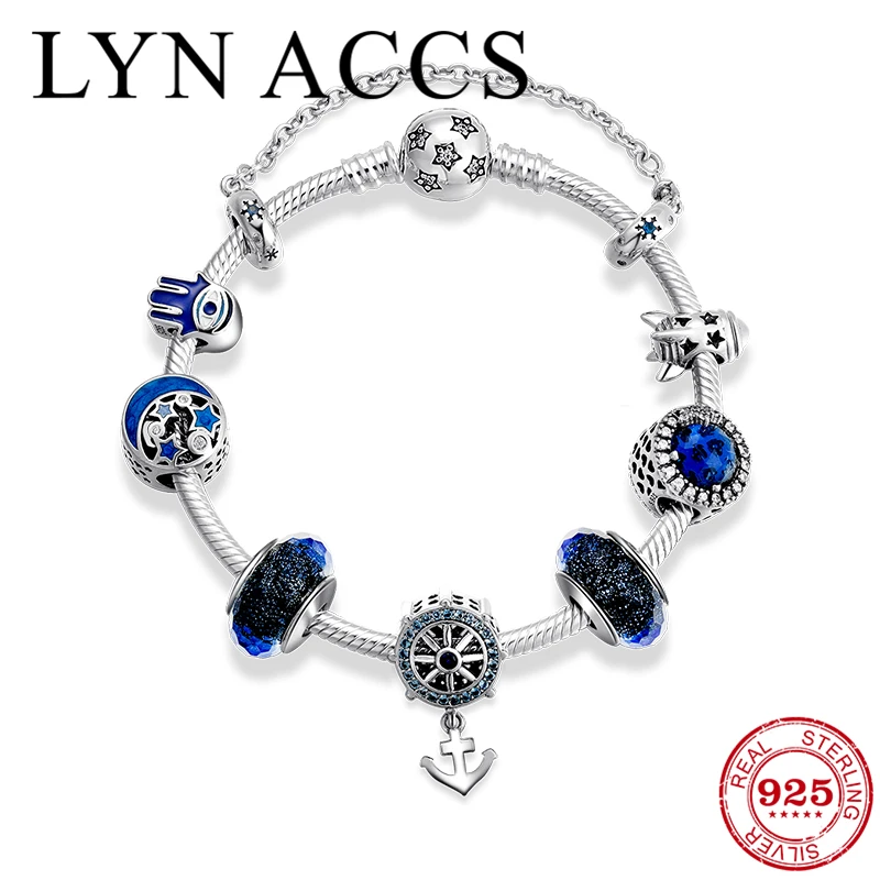 Hot 925 Sterling Silver Bracelets for Women Anchor Blue Enamel Star Crystal Beads Charm Snake Chain Bracelet Party Jewelry Gift | Украшения