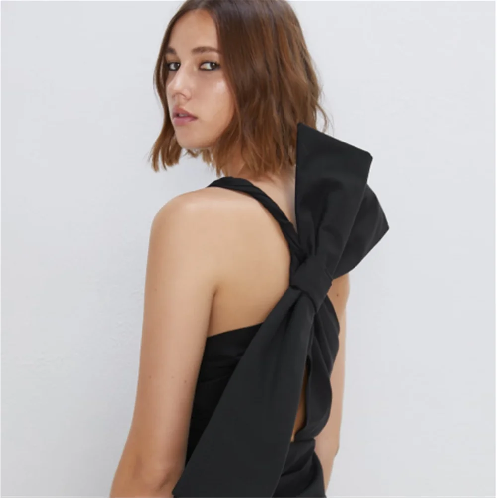 Женское мини платье с бантом ZA весеннее в стиле бохо асимметричным воротником и