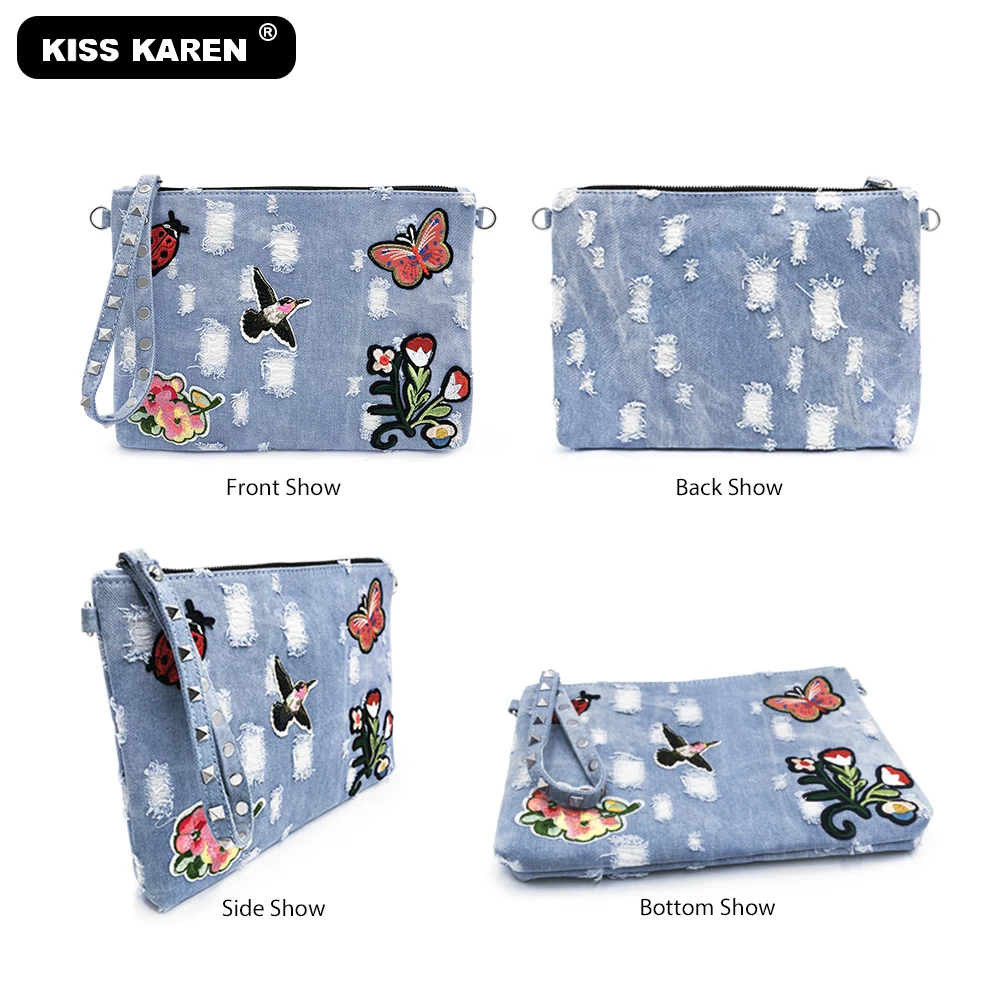 KISS KAREN/Повседневная Модная Джинсовая сумочка с вышивкой; женские сумки на плечо; джинсовая сумка с шипами; женские сумки-мессенджеры; женские сумки
