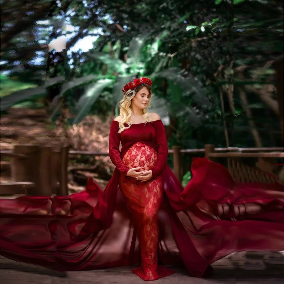 

NEW Long section Tail Maternity Dresses For Photo Props Dress Pregnant Women Long Sleeve Maxi Pregnancy Dress for Photo Shoot