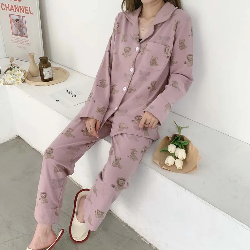 

Ladies Pajamas Korean Style Autumn Winter Plus Velvet Lapel Sweet Printing Nightshirt Keep Warm Homewear Set Pijama Mujer Women