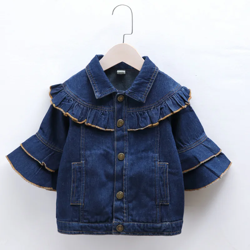

Baby Girl Spring Jacket Big Ruffle Edge Denim Jacket Girls Kid Three Quarter Trumpet Sleeves Kids Jeans Coats Little Girls Coat