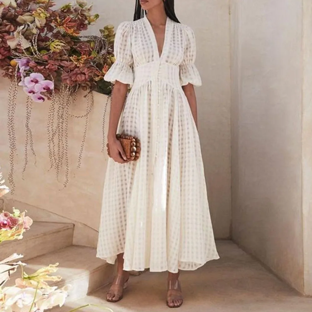 

2021 Europe America New Summer Women's Dresses Temperament Solid White High Waist V-neck Puff Sleeve Draw Back Lattice