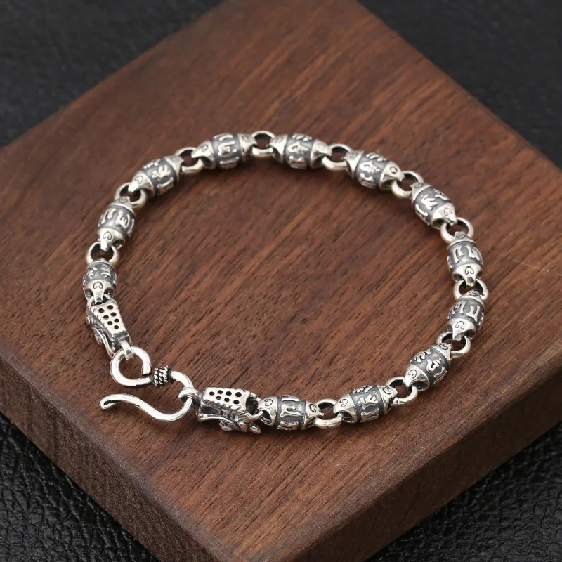 Genuine 925 Sterling Silver Jewelry Personality Six-Word Mantra Barrel Beads Silver Men Bracelet Retro Silver Jewelry