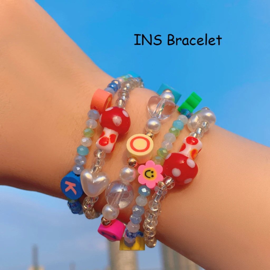Новый браслет INS с радужными бусинами сердцем буквой грибом смайликом эстетичный